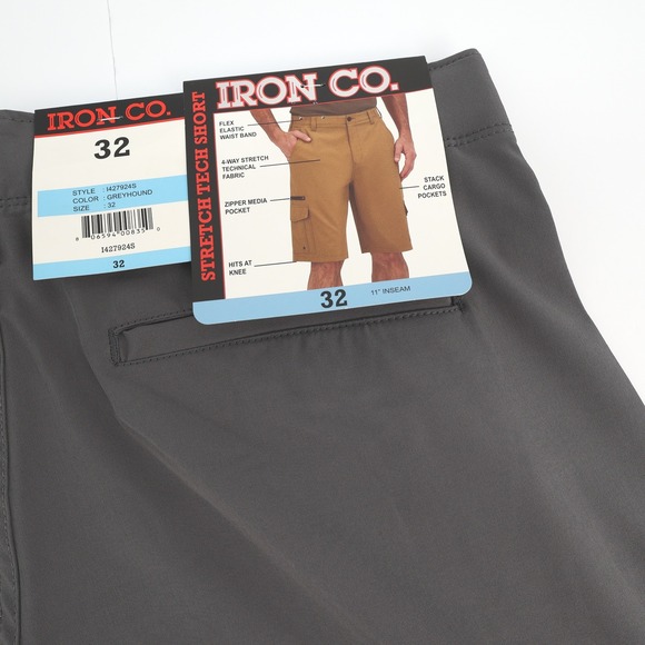 Iron Co. Stretch Tech Shorts Men's 32 Grey Hound Cargo Pockets Flex Waist Band - Picture 1 of 3